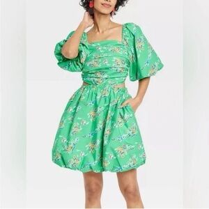 A New Day XL Green Floral Cutout Ruched Square Neck Puff Sleeve Bubble Dress NWT